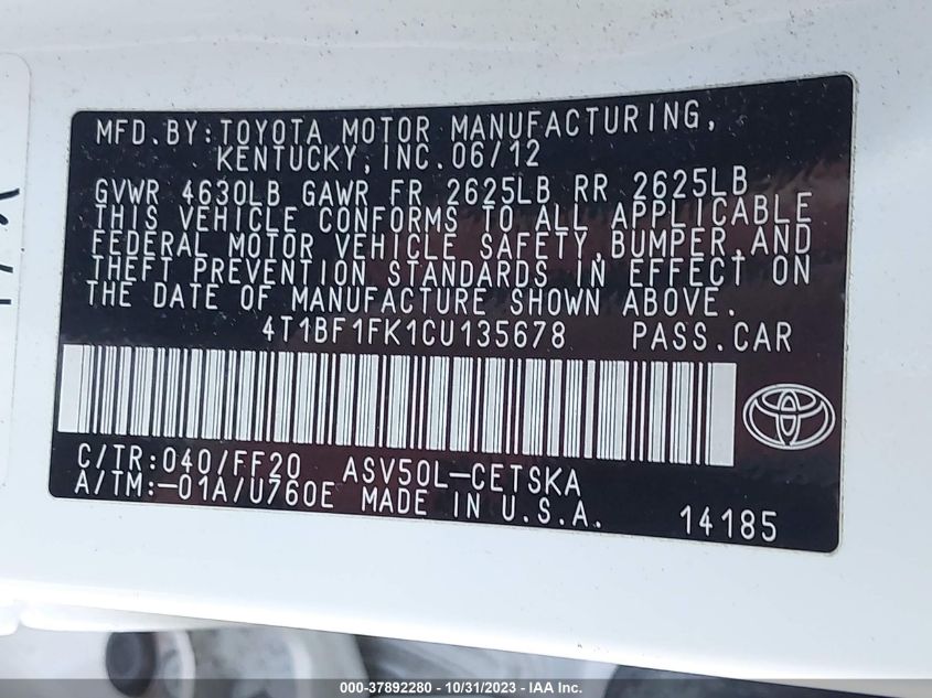 2012 Toyota Camry Se VIN: 4T1BF1FK1CU135678 Lot: 37892280