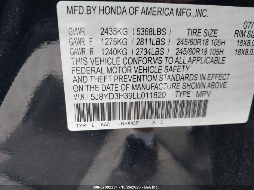 2020 Acura Mdx VIN: 5J8YD3H39LL011820 Lot: 37892291