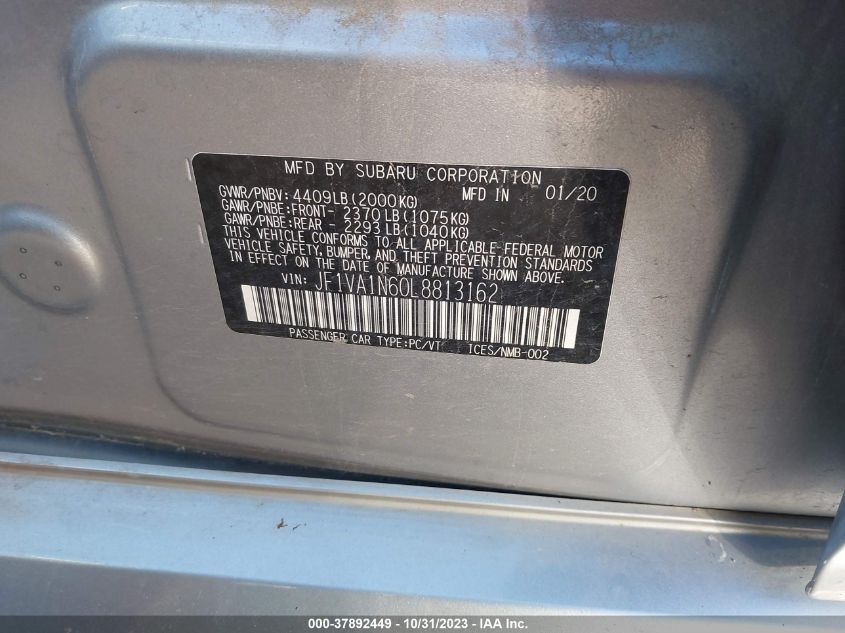 2020 Subaru Wrx Limited VIN: JF1VA1N60L8813162 Lot: 37892449