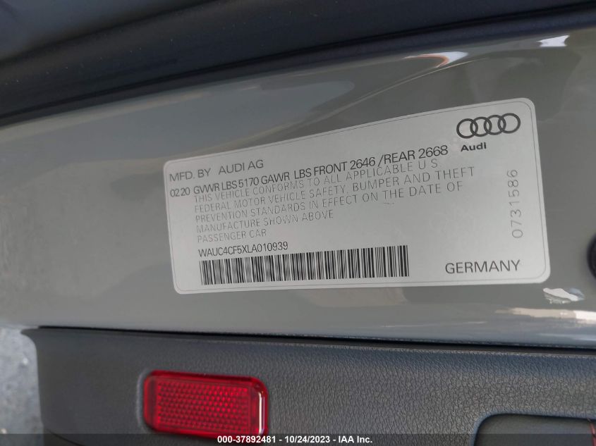 2020 Audi S5 Sportback Premium Plus VIN: WAUC4CF5XLA010939 Lot: 37892481