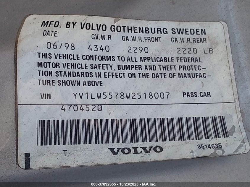 1998 Volvo V70 VIN: YV1LW5578W2518007 Lot: 37892655