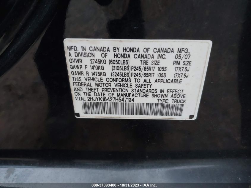 2007 Honda Ridgeline Rts VIN: 2HJYK16427H547124 Lot: 37893480