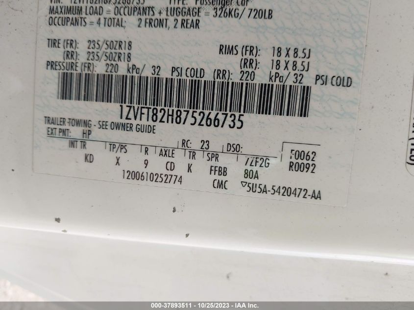 2007 Ford Mustang Gt Deluxe VIN: 1ZVFT82H875266735 Lot: 37893511