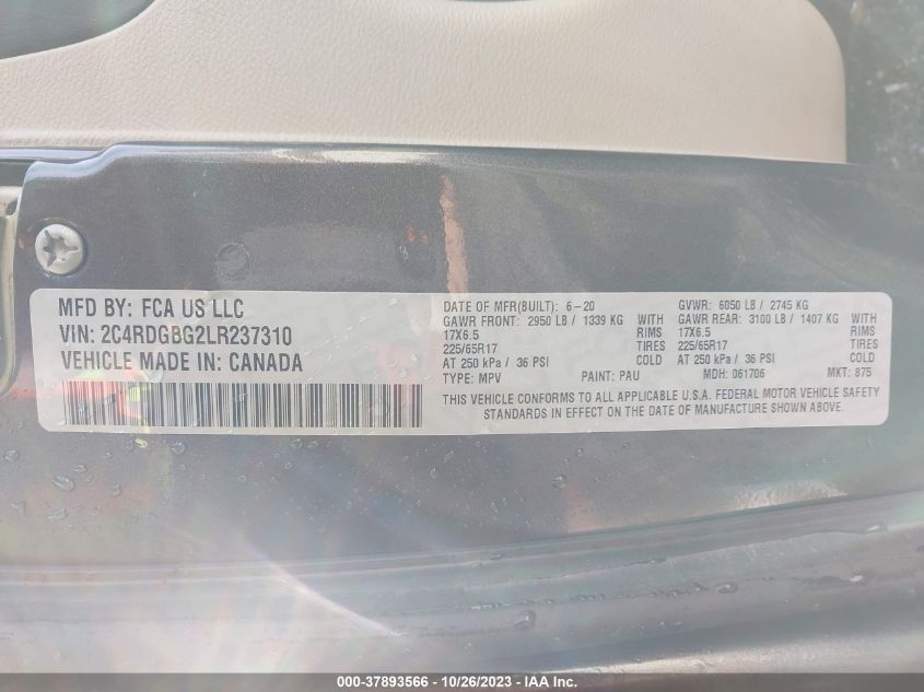 2020 Dodge Grand Caravan Se VIN: 2C4RDGBG2LR237310 Lot: 37893566