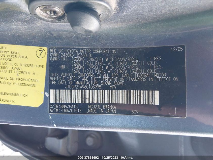 2006 Toyota Highlander VIN: JTEGP21A960103998 Lot: 37893692