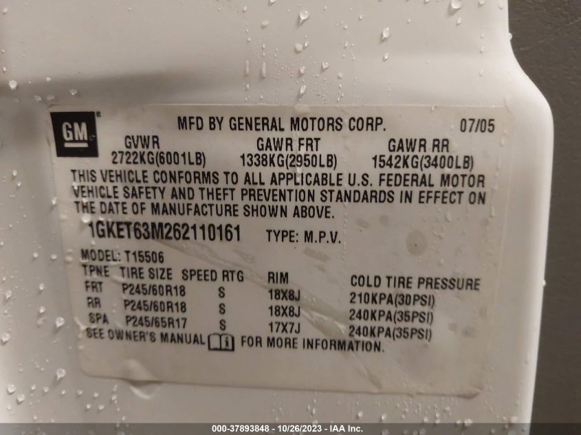 2006 GMC Envoy Denali VIN: 1GKET63M262110161 Lot: 37893848