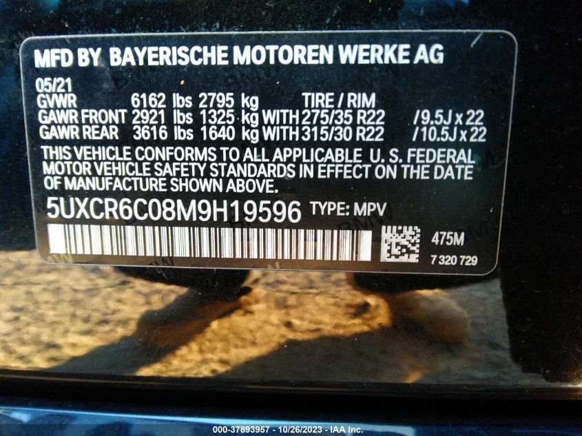 2021 BMW X5 xDrive40I VIN: 5UXCR6C08M9H19596 Lot: 37893957