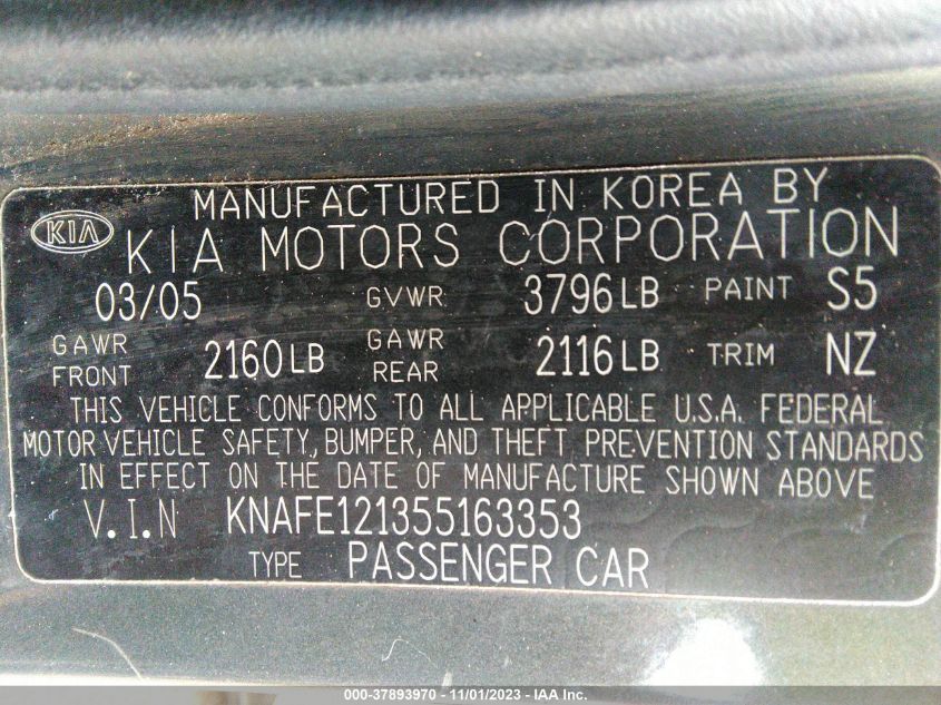 2005 Kia Spectra Lx/Ex/Sx VIN: KNAFE121355163353 Lot: 37893970