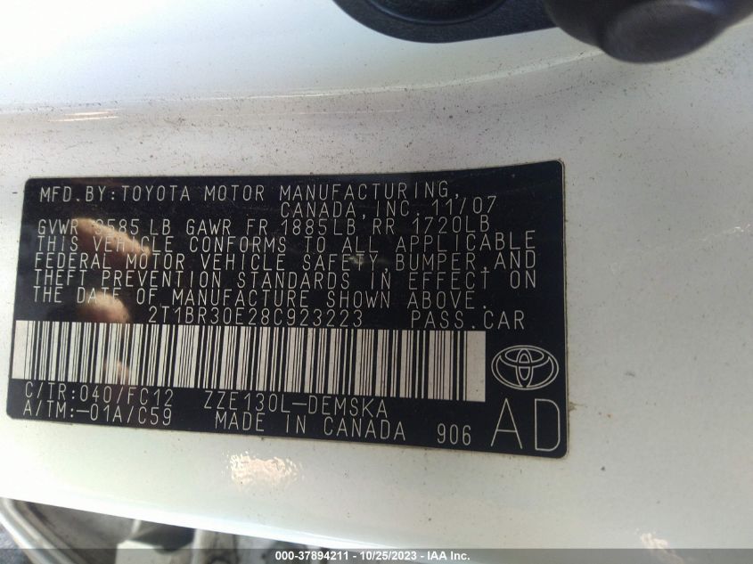 2008 Toyota Corolla Ce/S/Le VIN: 2T1BR30E28C923223 Lot: 37894211