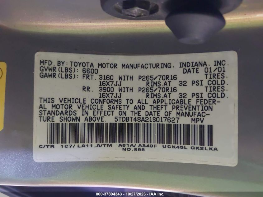 2001 Toyota Sequoia Limited VIN: 5TDBT48A21S017627 Lot: 37894343