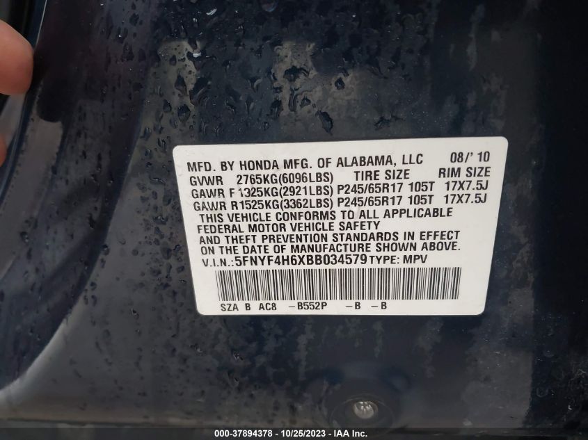 2011 Honda Pilot Ex-L VIN: 5FNYF4H6XBB034579 Lot: 37894378