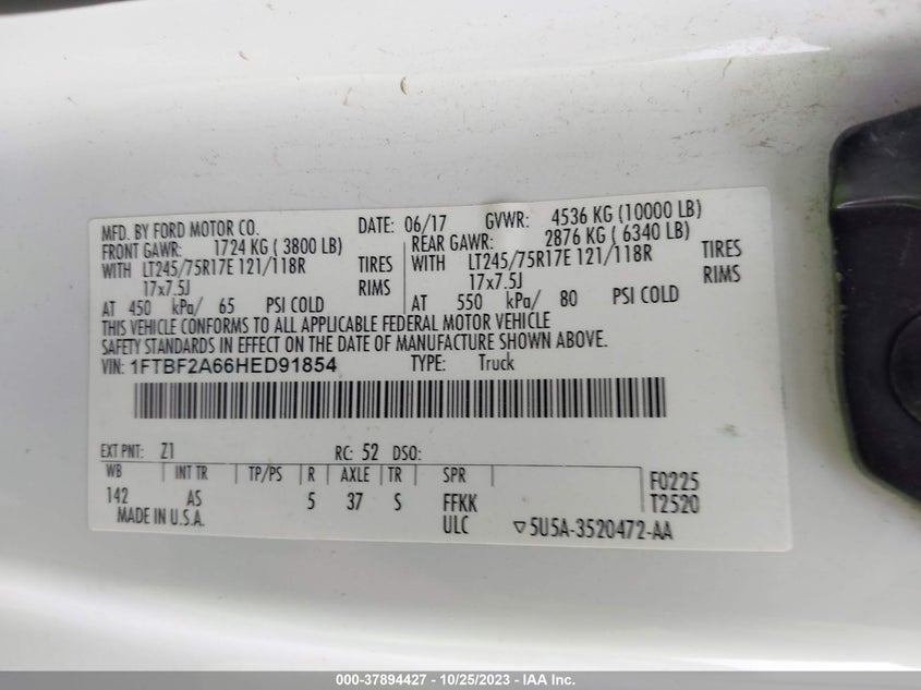2017 Ford Super Duty F-250 Srw Xl/Xlt VIN: 1FTBF2A66HED91854 Lot: 37894427