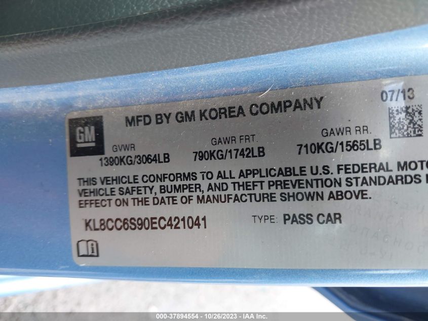 2014 Chevrolet Spark Lt VIN: KL8CC6S90EC421041 Lot: 37894554