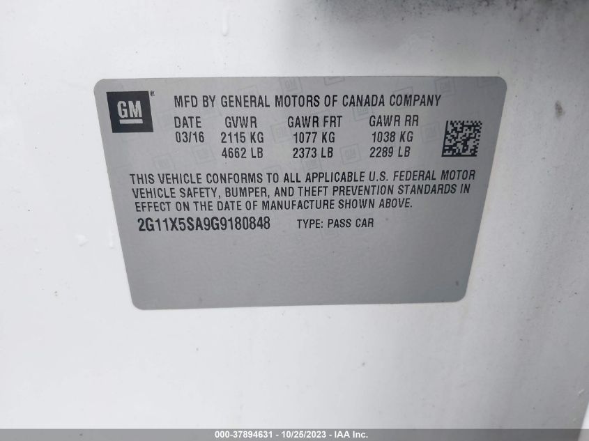2016 Chevrolet Impala Ls VIN: 2G11X5SA9G9180848 Lot: 37894631