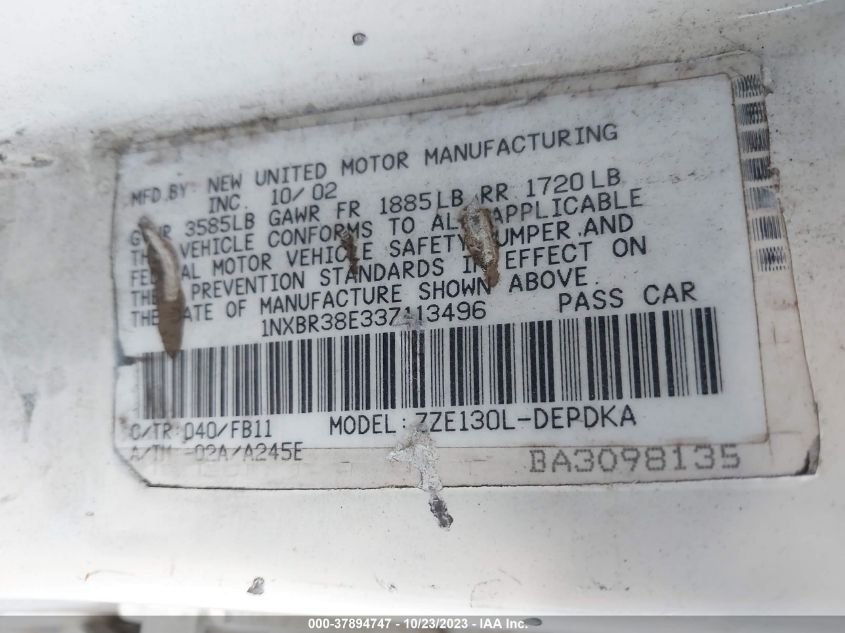 2003 Toyota Corolla Ce/S/Le VIN: 1NXBR38E33Z113496 Lot: 37894747