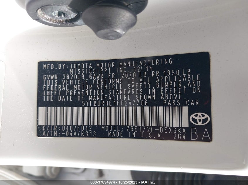 2015 Toyota Corolla L/Le/S/S Plus/Le Plus VIN: 5YFBURHE1FP247706 Lot: 37894974