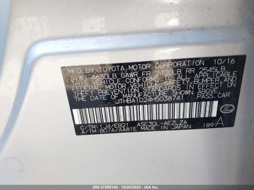 2017 Lexus Is Is Turbo VIN: JTHBA1D24H5038741 Lot: 37895145