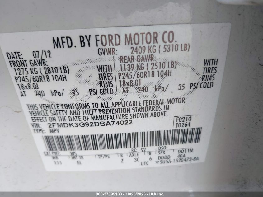 2013 Ford Edge Se VIN: 2FMDK3G92DBA74022 Lot: 37895188