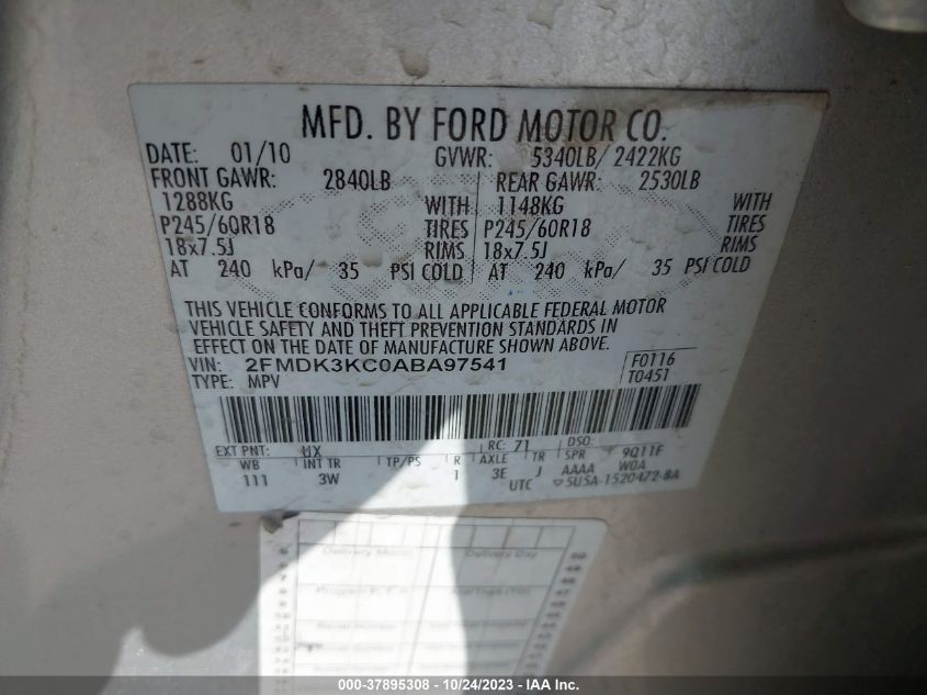 2FMDK3KC0ABA97541 2010 Ford Edge Limited