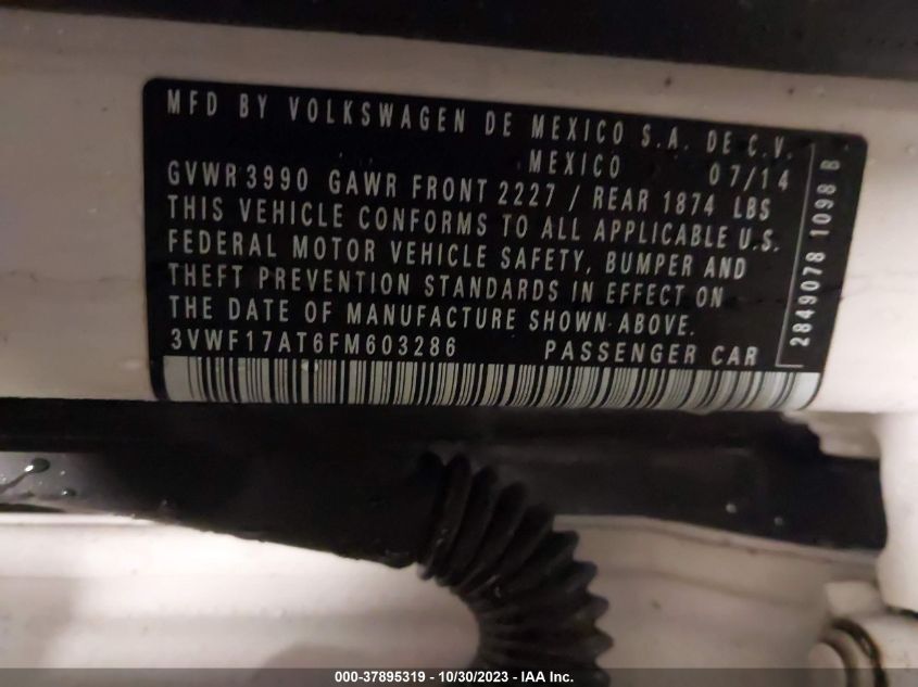 2015 Volkswagen Beetle Coupe 1.8T Classic VIN: 3VWF17AT6FM603286 Lot: 37895319