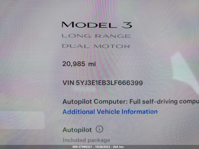 2020 Tesla Model 3 Long Range VIN: 5YJ3E1EB3LF666399 Lot: 37895321