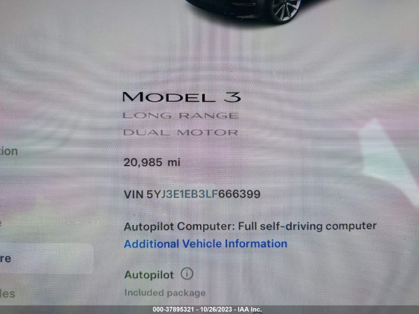 2020 Tesla Model 3 Long Range VIN: 5YJ3E1EB3LF666399 Lot: 37895321