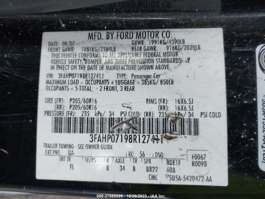 2008 Ford Fusion Se VIN: 3FAHP07198R127411 Lot: 37895599