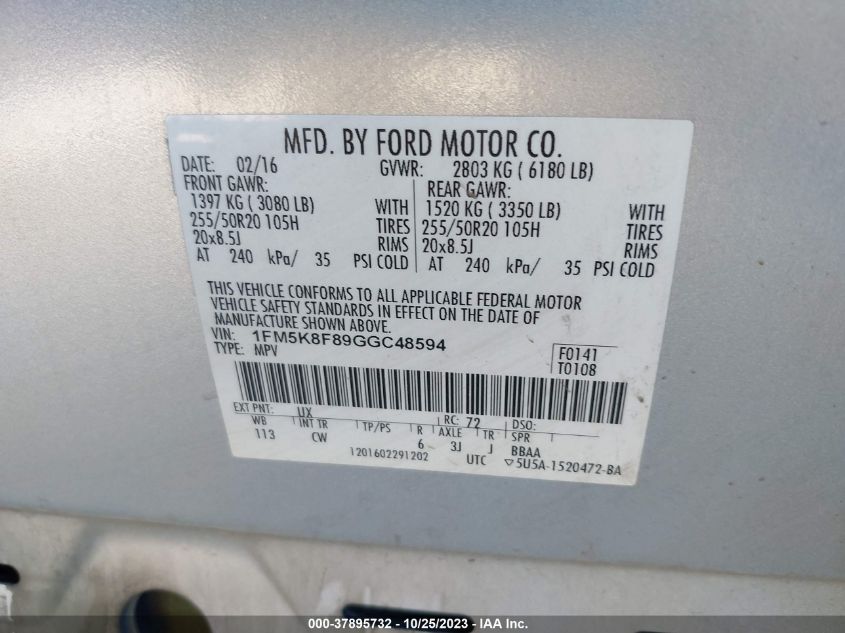 2016 Ford Explorer Limited VIN: 1FM5K8F89GGC48594 Lot: 37895732