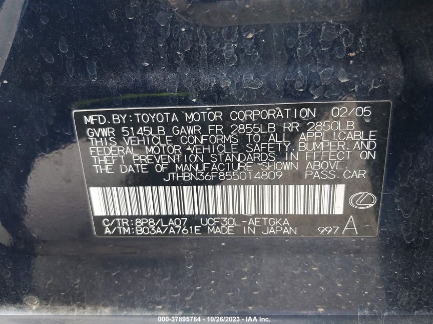 2005 Lexus Ls 430 VIN: JTHBN36F855014809 Lot: 37895784