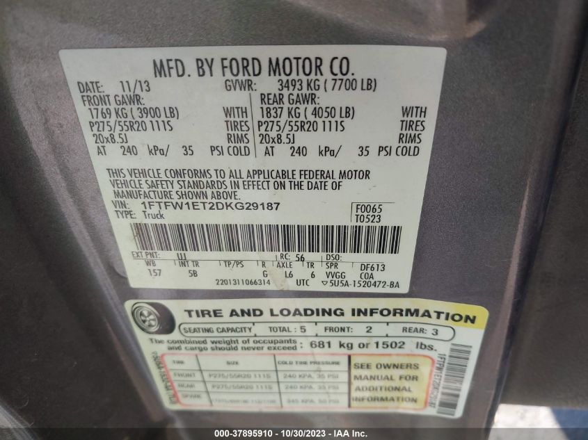 2013 Ford F-150 Xl/Xlt/Fx4/Lariat VIN: 1FTFW1ET2DKG29187 Lot: 37895910