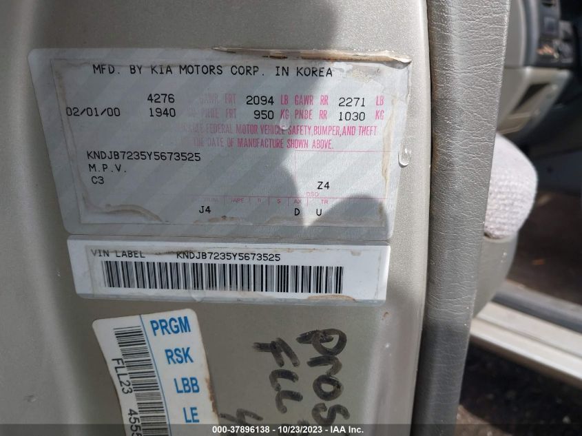 2000 Kia Sportage Ex VIN: KNDJB7235Y5673525 Lot: 37896138