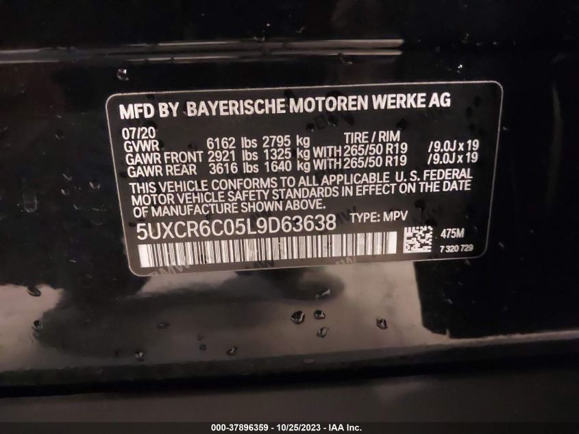 2020 BMW X5 xDrive40I VIN: 5UXCR6C05L9D63638 Lot: 37896359