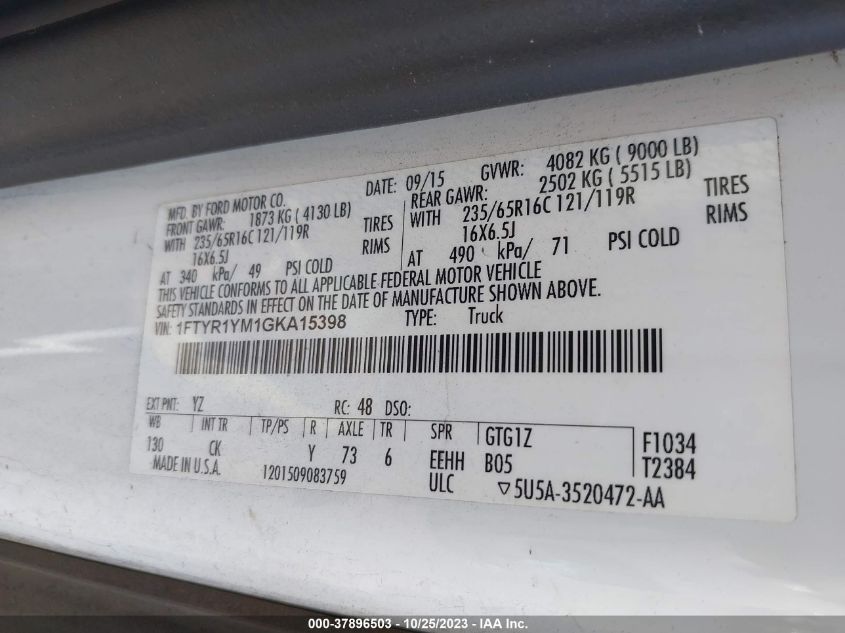 2016 Ford Transit Cargo Van VIN: 1FTYR1YM1GKA15398 Lot: 37896503