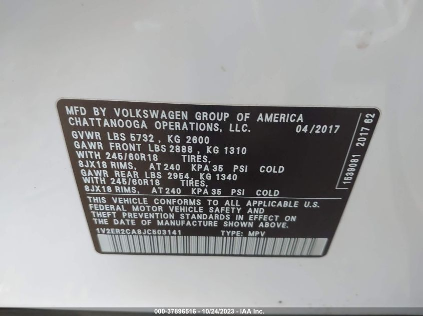 2018 Volkswagen Atlas 3.6L V6 Sel VIN: 1V2ER2CA8JC503141 Lot: 37896516