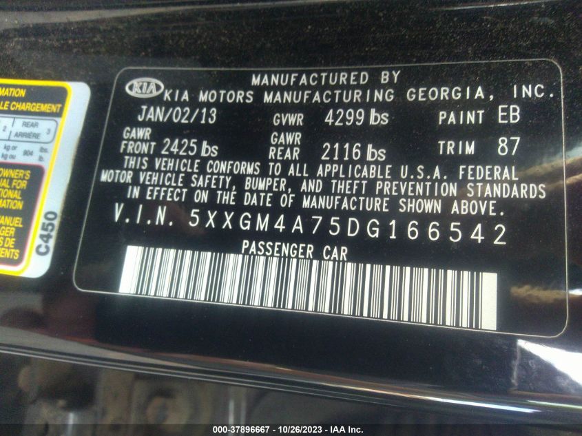 2013 Kia Optima Lx VIN: 5XXGM4A75DG166542 Lot: 37896667