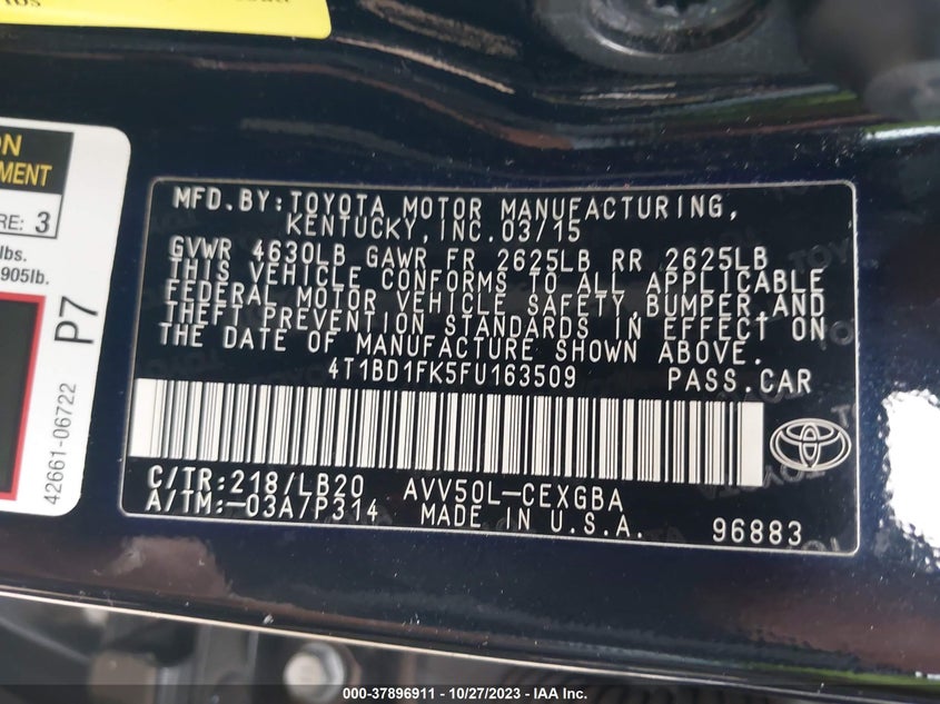 2015 Toyota Camry Hybrid Xle VIN: 4T1BD1FK5FU163509 Lot: 37896911