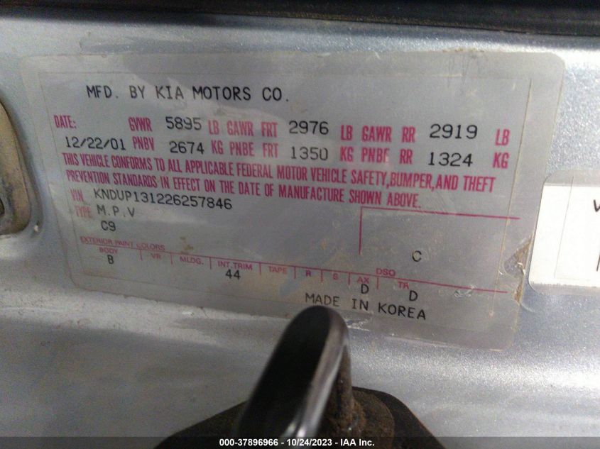 2002 Kia Sedona Lx/Ex VIN: KNDUP131226257846 Lot: 37896966