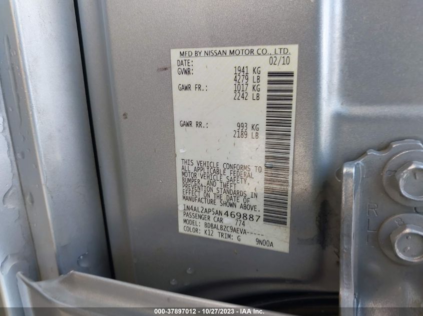 2010 Nissan Altima 2.5 S VIN: 1N4AL2AP5AN469887 Lot: 37897012