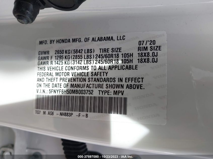 2021 Honda Pilot Ex-L VIN: 5FNYF6H50MB003752 Lot: 37897080