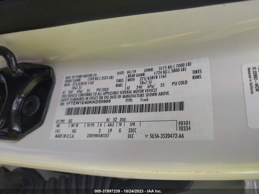 1FTEW1E40KKD55909 2019 Ford F-150 Xl/Xlt/Lariat