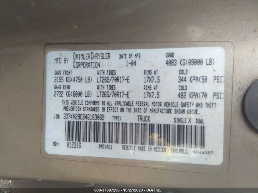 2004 Dodge Ram 2500 Slt VIN: 3D7KA28C64G183069 Lot: 37897296