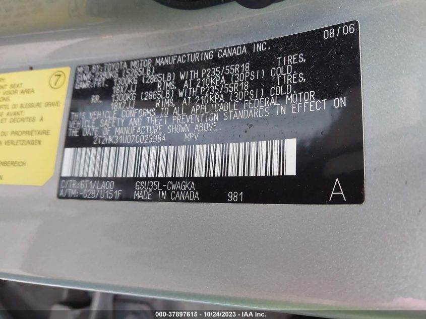 2T2HK31U07C023984 2007 Lexus Rx 350