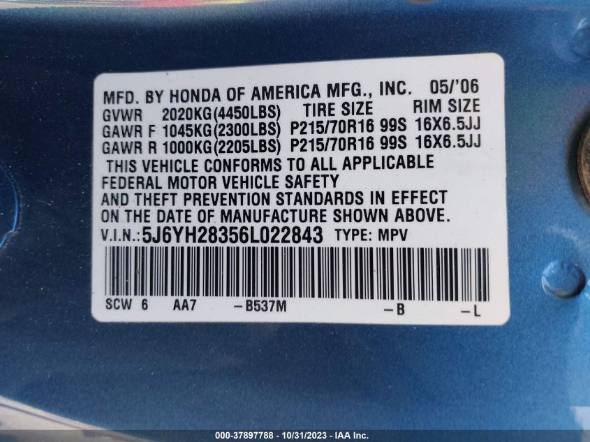 2006 Honda Element Lx VIN: 5J6YH28356L022843 Lot: 37897788