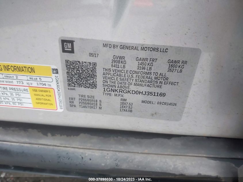 2017 Chevrolet Traverse Lt VIN: 1GNKRGKD0HJ351169 Lot: 37898030