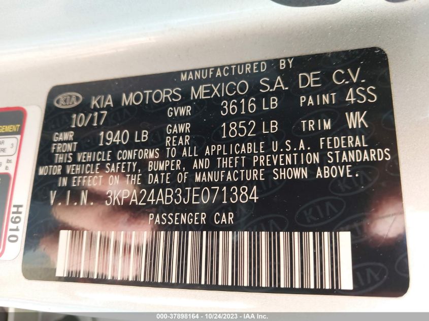 2018 Kia Rio Lx VIN: 3KPA24AB3JE071384 Lot: 37898164