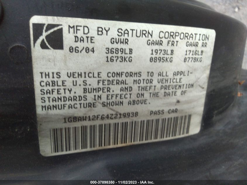 2004 Saturn Ion Ion 3 VIN: 1G8AW12F64Z219938 Lot: 37898350