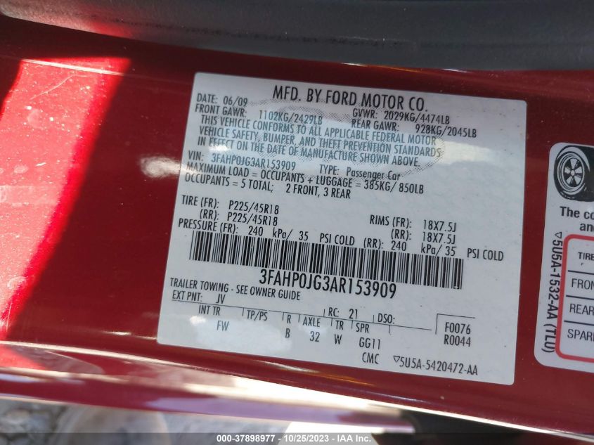 2010 Ford Fusion Sel VIN: 3FAHP0JG3AR153909 Lot: 37898977