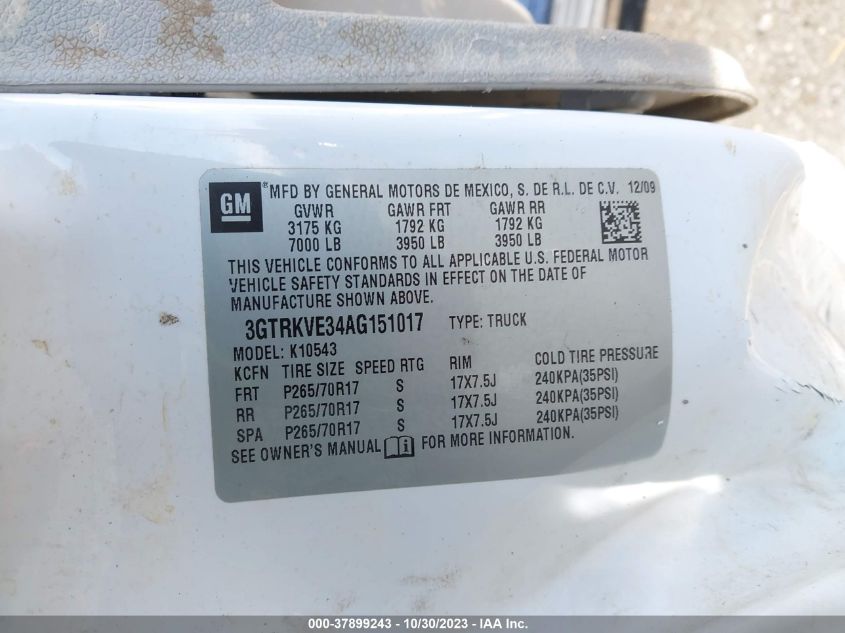 2010 GMC Sierra 1500 Sle VIN: 3GTRKVE34AG151017 Lot: 37899243