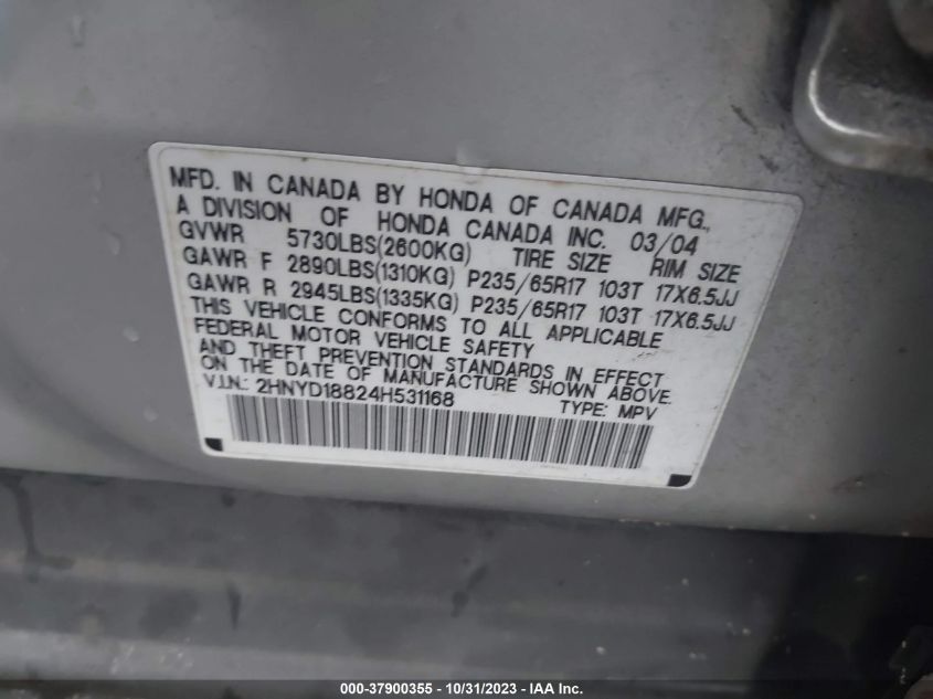 2004 Acura Mdx Touring VIN: 2HNYD18824H531168 Lot: 37900355