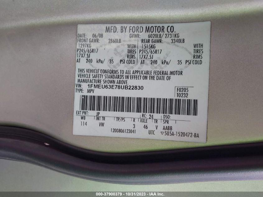 2008 Ford Explorer Xlt VIN: 1FMEU63E78UB22830 Lot: 37900379